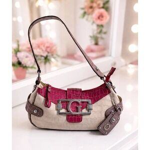 Vintage Y2K GUESS Hot Pink & Cream Croc Shoulder Bag Hobo Purse 2000's